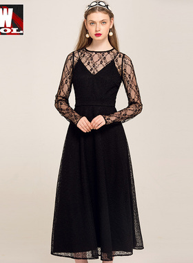 欧洲站2021春秋新款蕾丝V领透视两件套连衣裙礼服长裙女装欧货潮