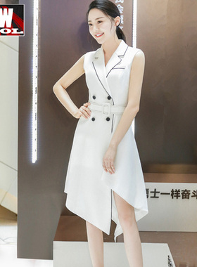 欧洲站2021新款春秋装黄梦莹明星同款不规则西装礼服连衣裙女欧货