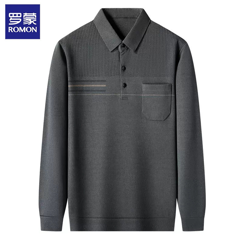 罗蒙中老年爸爸polo衫男翻领带口袋2024新款春秋季男士长袖T恤衫