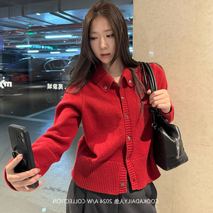 复古软糯风翻领针织开衫 设计感套头上衣 女长袖 外穿毛衣外套秋冬季