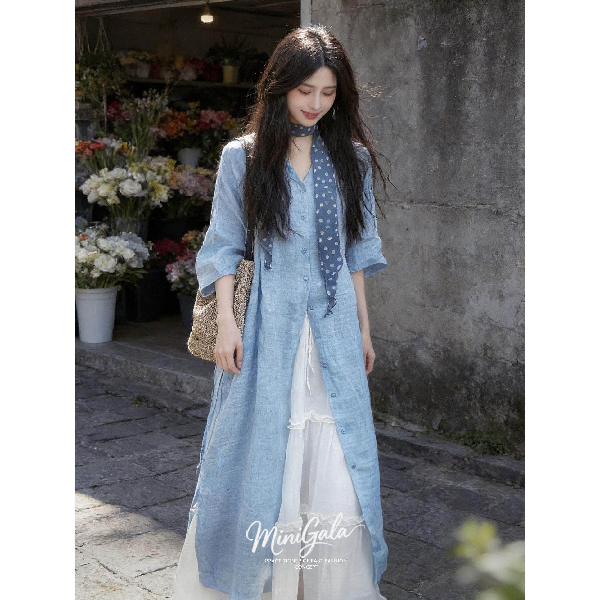 老钱风蓝色v领亚麻防晒衬衫外套女夏外搭中长款薄纱防晒罩衫短袖