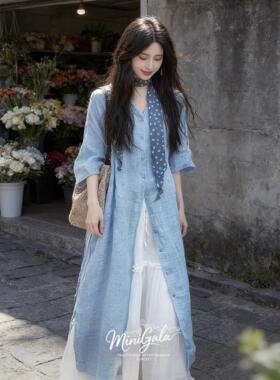 老钱风蓝色v领亚麻防晒衬衫外套女夏外搭中长款薄纱防晒罩衫短袖