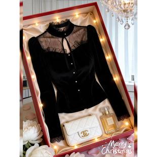 小资上衣法式气质御姐轻熟风上衣女冬季新款蕾丝拼接丝绒加厚衬衫