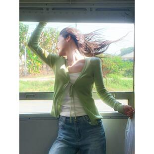 配吊带外搭罩衫 韩系chic叠穿上衣 女春装 早春漂亮穿搭绿色针织开衫
