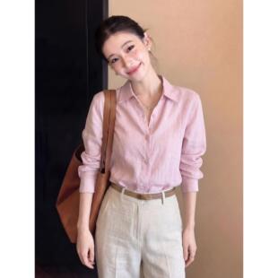 淡人高知穿搭粉色亚麻衬衫女夏季薄款独特超好看法式小资漂亮上衣