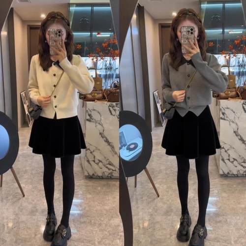 韩系毛衣开衫丝绒半身裙两件套