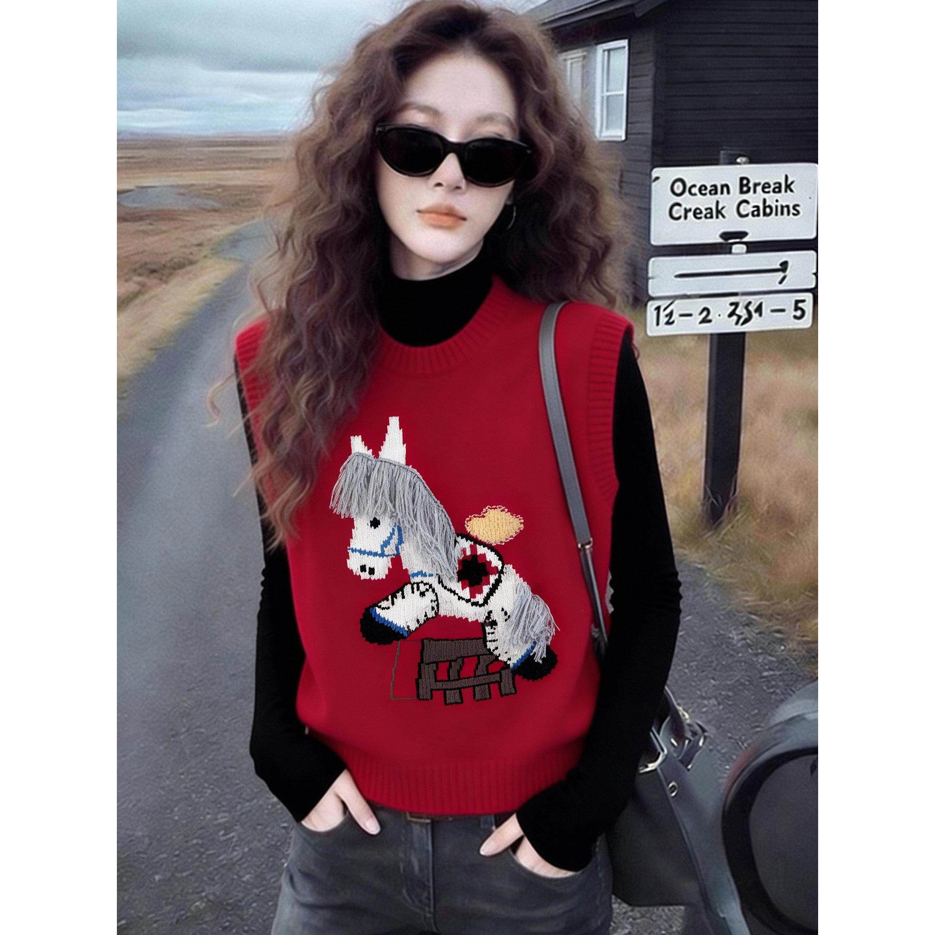 小马提花红色毛衣马甲女冬2026新年本命年穿搭针织背心超好看上衣,女装/女士精品,马夹,淘宝优惠券,粉丝福利购,淘宝优惠卷