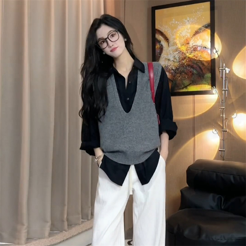 早秋穿搭马甲衬衫两件套