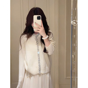 法式小香风重工镶钻针织开衫毛衣外套女冬季气质名媛宽松百搭上衣