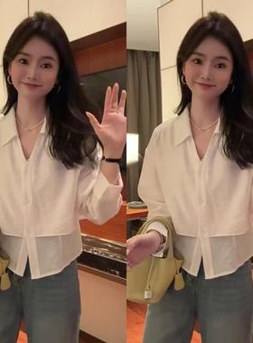 白色假两件衬衫女2025春夏新款时尚休闲减龄系带收腰显瘦防晒上衣