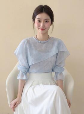 法式蓝色荷叶边长袖衬衫女士2026春夏新款气质高级感百搭洋气上衣