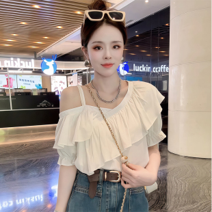 荷叶边高级设计感一字肩不规则衬衫 露肩雪纺上衣 女夏洋气漂亮小衫