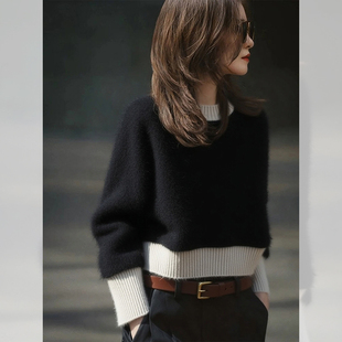 秋季极简高级感气质针织上衣韩系宽松慵懒风短款黑色拼接撞色毛衣
