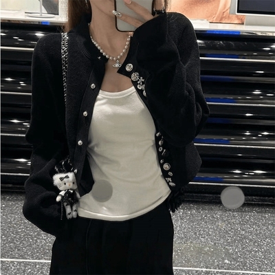 法式黑色小香风针织开衫