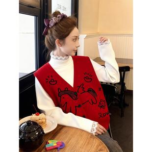 红色v领小马提花针织开衫巨好看的叠穿马甲背心女款冬季外搭上衣