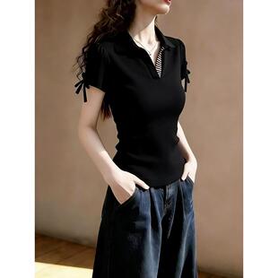 美式独特蝴蝶结系带显瘦短袖T恤女2026夏季新款黑色翻领精致上衣