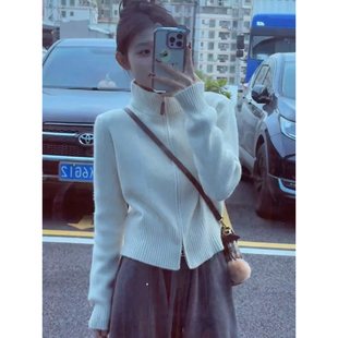 双拉链高领针织开衫毛衣女款2025年新款多巴胺穿搭小个子内搭冬装