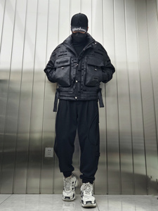 设计款高街潮牌羽绒服男冬季宽松工装机车立领外套麂皮绒字母刺绣