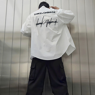 高级设计感潮牌休闲衬衣外套男春夏宽松长袖上衣后背字母刺绣痞帅