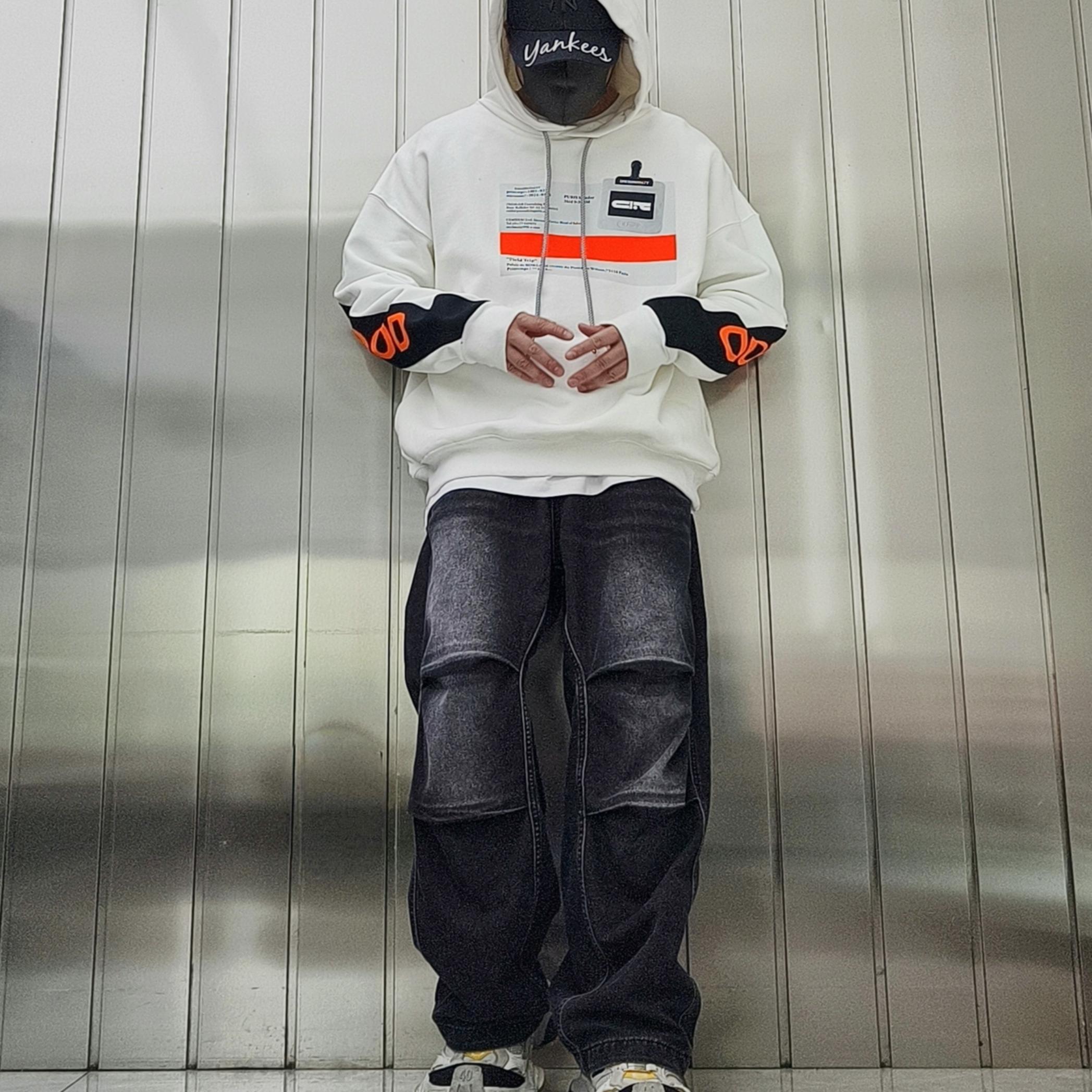 DR高街韩国潮牌连帽卫衣男女款秋冬重磅宽松帽衫外套荧光织带拼接