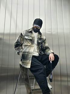 高级感潮牌休闲衬衣外套男秋冬加棉格子羊毛呢子大衣工装飘带百搭