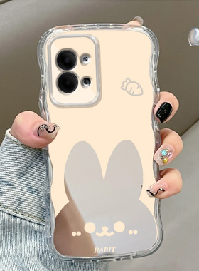 卡通镜面粉小兔波浪纹适用OPPOReno9手机壳可爱Reno3全包R17Pro夏天7se高级感Reno10Pro时尚Reno9Pro新款K10