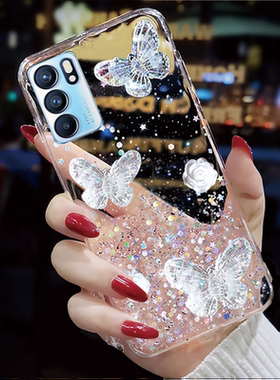 奢华透明滴胶玫瑰蝶碟适用OPPO RENO6手机壳reon6Pro十+手机套曲面屏re5女新款5k夏天ren07se潮牌4pr0可爱opp