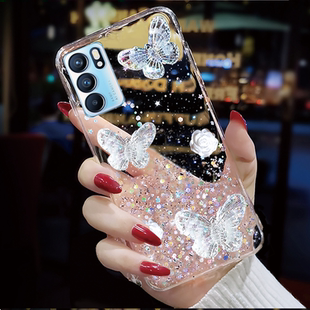 手机套曲面屏re5女新款 5k夏天ren07se潮牌4pr0可爱opp RENO6手机壳reon6Pro十 奢华透明滴胶玫瑰蝶碟适用OPPO