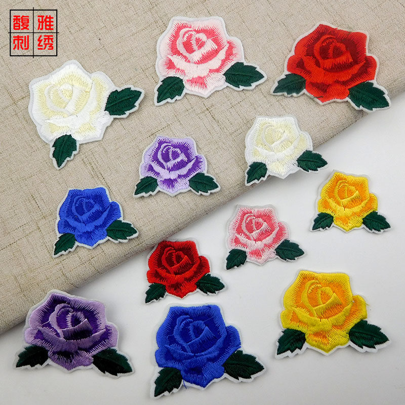 小号玫瑰刺绣布贴衣服装饰修补洞补丁贴家居布艺diy花朵刺绣
