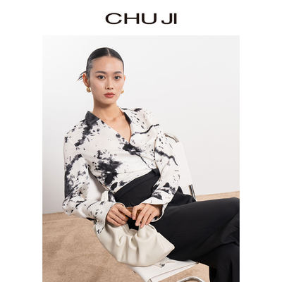 Chuji/出迹 23春夏泼墨印花缠绕式绑带设计衬衫上衣气质