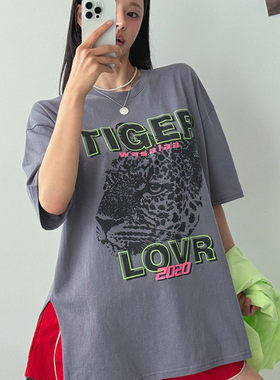 甜酷tiger虎头开叉宽松短袖T恤