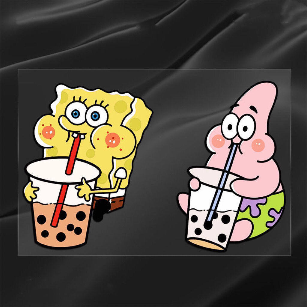 海绵宝宝喝奶茶趣味电动汽车贴纸卡通个性创意搞笑划痕遮挡防水贴