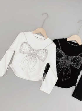 女童烫钻蝴蝶结抽绳长袖短款打底衫春款2025新款韩版洋气百搭上衣
