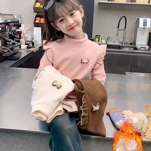 女童加绒打底衫冬季新款儿童半高领德绒上衣加厚中大童时髦卫衣潮