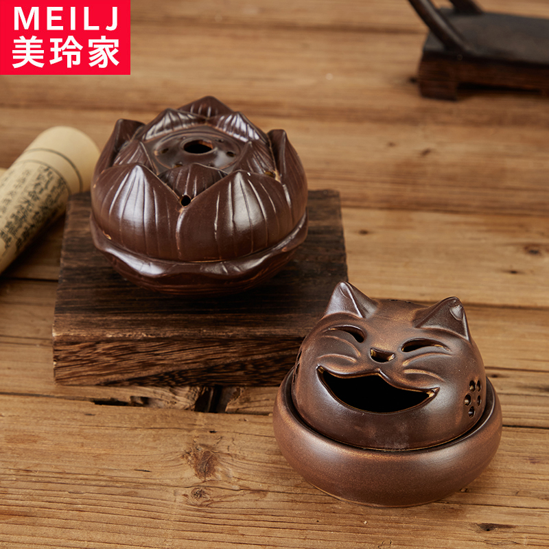 可爱陶瓷香炉家用办公室内卧室摆件檀香盘香锥香小香炉莲花猫咪