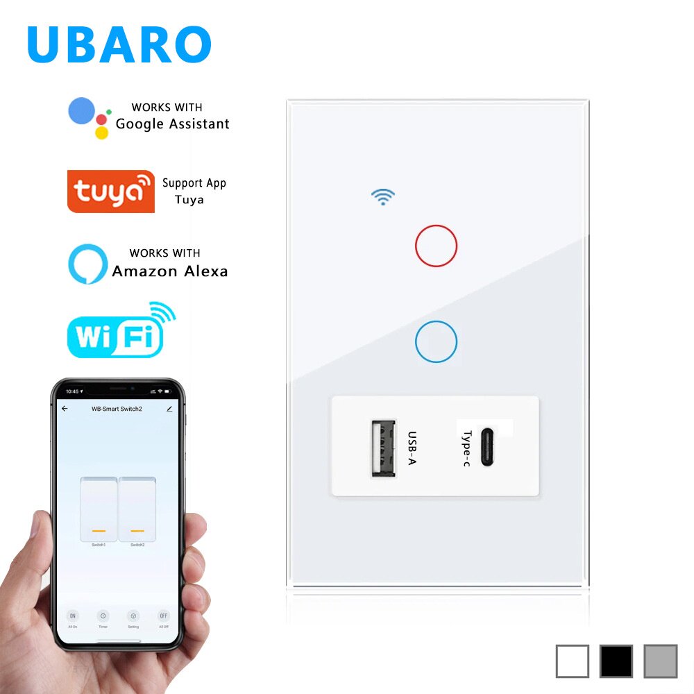 涂鸦美规智能触摸开关零火墙壁插座 118 WIFI面板远程USB  TYPE C