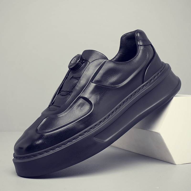 头层牛皮男鞋真皮板鞋新款休闲鞋男免系带韩版百搭潮流运动鞋黑色
