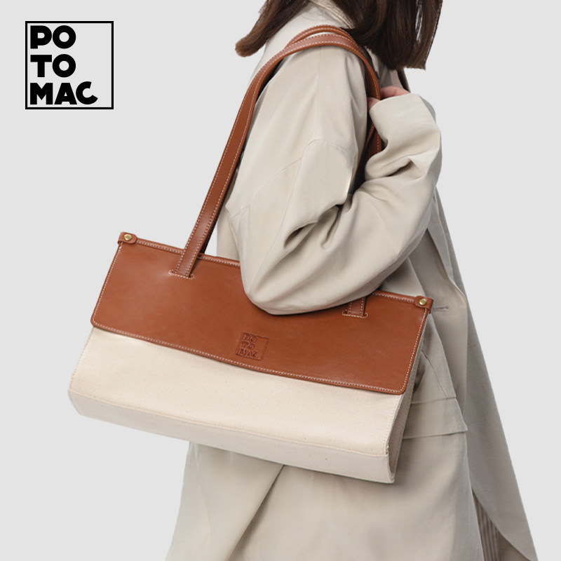 potomac单肩包波士顿通勤女包帆布二层皮时尚拼接手提包