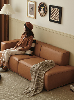 zok作壳丹麦设计轻奢生态皮防水沙发钢琴键复古豆腐块三人位