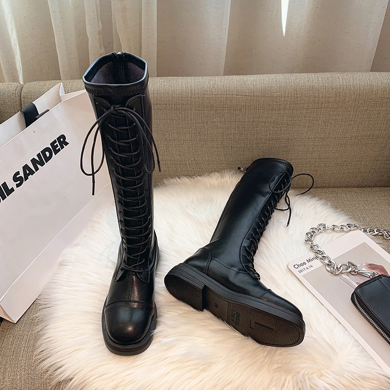 不过膝长筒靴女2021秋冬新款韩时尚百搭系带松糕底高筒显瘦骑士靴