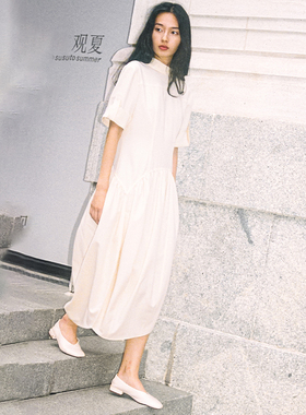 【XUZHI】hug淡黄色两穿小翻领收腰短袖花苞T恤长款连衣裙女