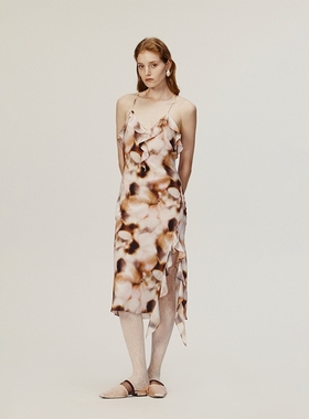 【AETNA PROJECT】hug 2025早春新款粉棕色晕染印花荷叶边连身裙