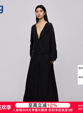 【RUOHAN】hug 2025早春新款黑色砂洗丝绸长袖翻领连衣裙