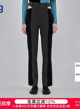 hug 买手店 OUDE WAAG 灰黑色修身长款人字纹羊毛拼接喇叭裤
