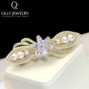 大号发夹锆石水晶弹簧夹女后脑勺扎马尾防塌一字夹高级感珍珠发卡