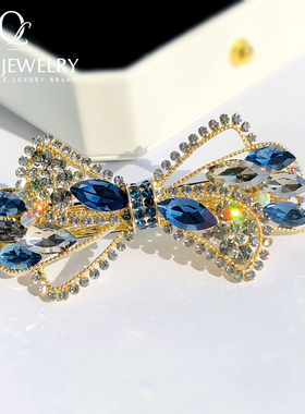 蓝色水晶发夹弹簧夹半扎发后脑勺发卡气质蝴蝶高级感发饰镶钻顶夹