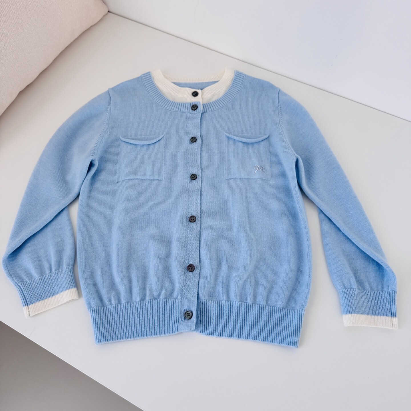 春夏新款女童法式雾霾蓝蝴蝶结镶钻假两件针织开衫圆领外套