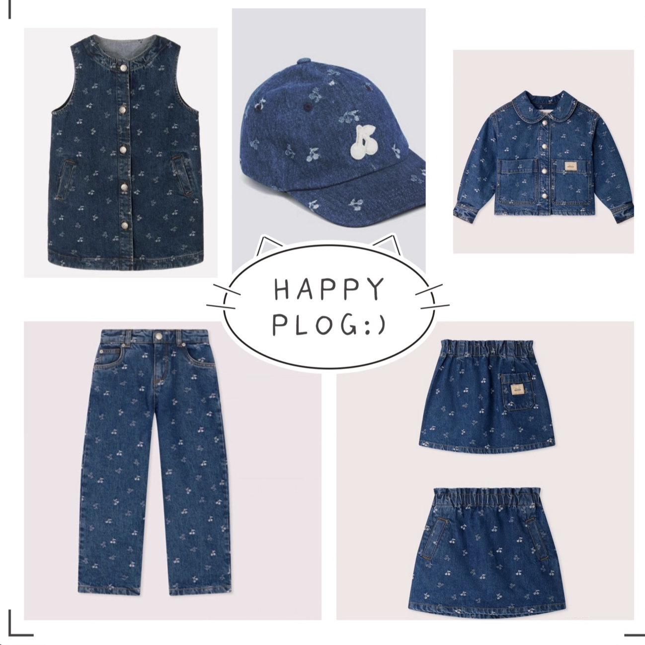 25SS秋冬女童法式樱桃满印印花牛仔外套牛仔裤背心裙半身裙棒球帽