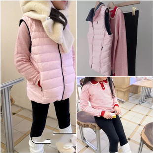 24AW冬女童樱桃花边红粉翻领针织衫两面穿羽绒马甲黑色加绒打底裤