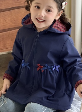 日系皇室秋冬新品女童学院风内里红色格子蝴蝶结裙摆三防面料外套